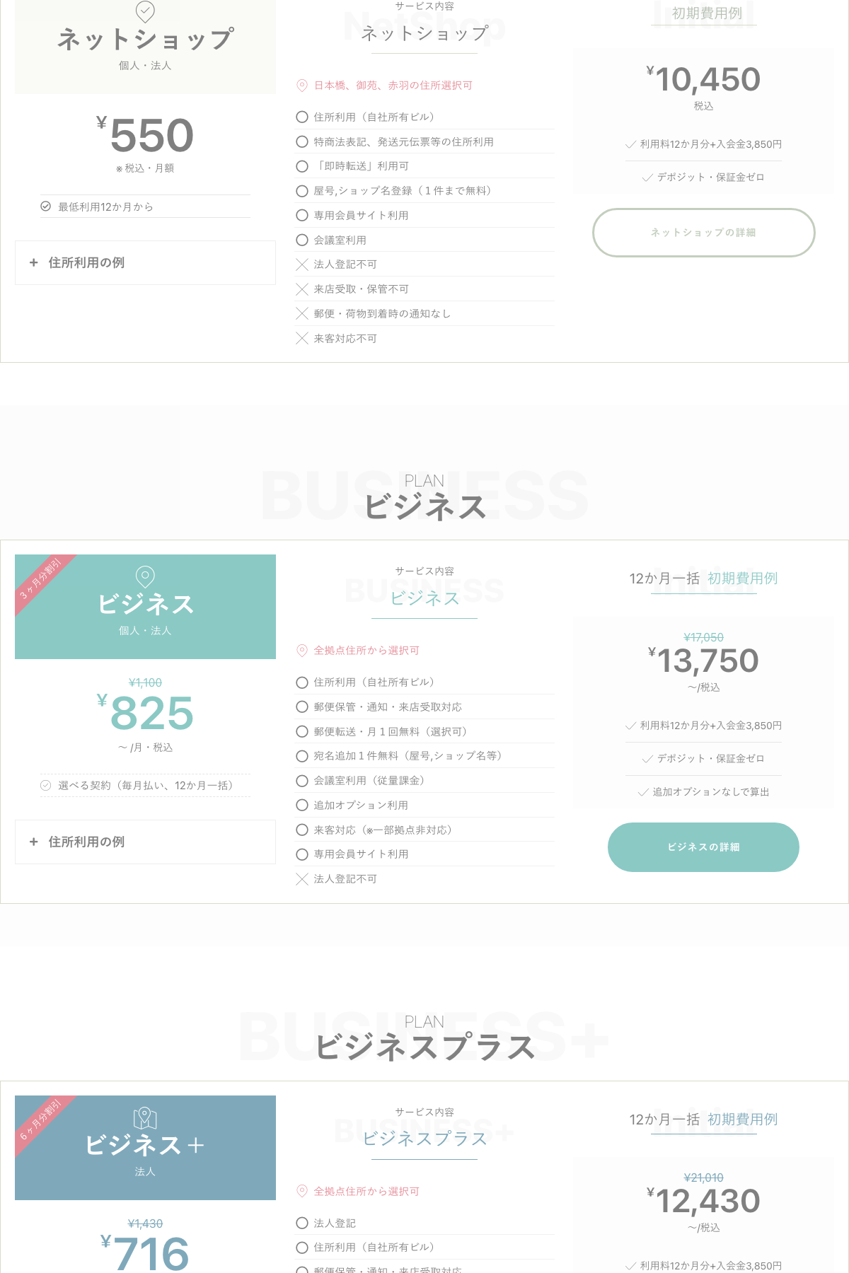 METSバーチャルオフィス公式プランページ、ビジネス・ビジネスプラスプランの料金表